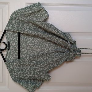 XS Green with Off White Flowers Wrap Around Shirt